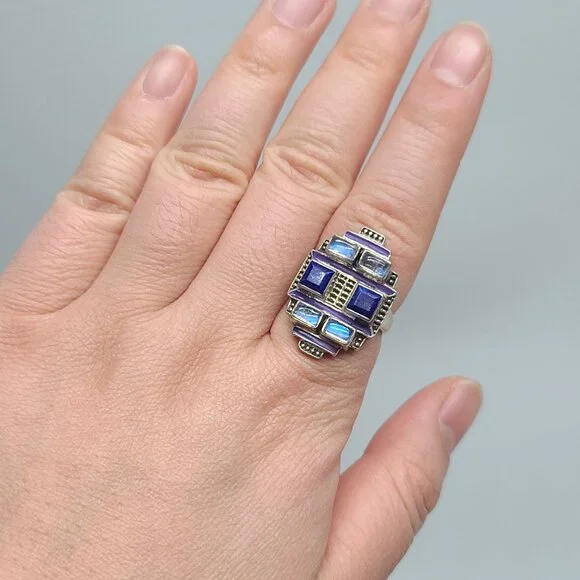 Nicky Butler sterling 925 lapis lazuli moonstone geometric ring purple enamel, 7 - Picture 2 of 10